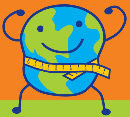 Cartoon anthropomorphized Earth, flexing its muscles, with a tape measure around its skinny waist