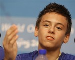 Fourteen-year-old British diver Tom Daley responds to a question during a news conference at the Main Press Center in Beijing, Friday, Aug. 8, 2008, on the opening day of the Beijing 2008 Olympics.