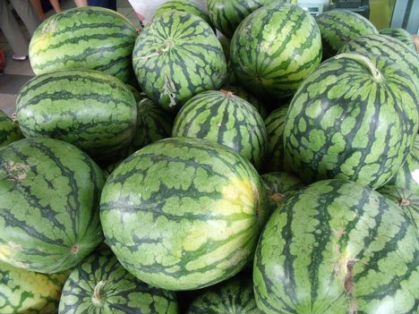 A basket of watermelons displayed in a Singapore supermarket.