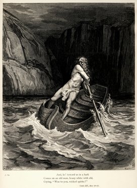 Gustave Doré's engravings illustrated the Divine Comedy (1861–1868); here Charon comes to ferry souls across the river Acheron to Hell.