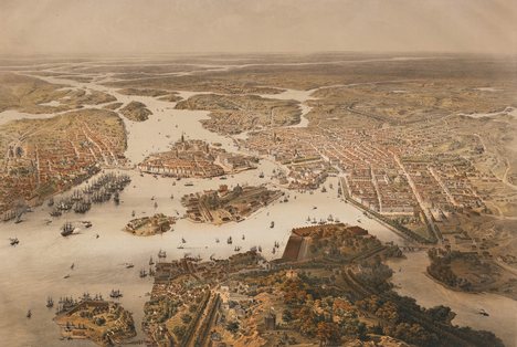 Panorama over Stockholm around 1868 as seen from a hot air balloon. The strategic and economic importance of the city made Stockholm an important factor in relations between the Danish Kings of the Kalmar Union and the national independence movement in the 15th century.