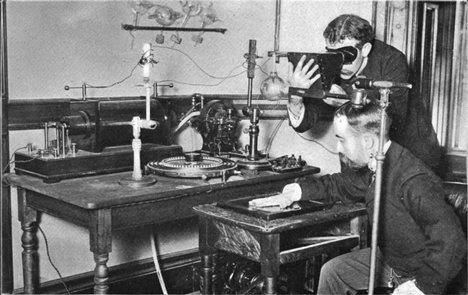 Taking an X-ray image with early Crookes tube apparatus, late 1800s.