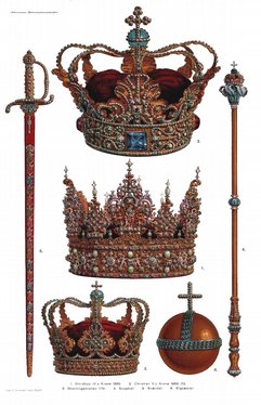 1. Crown of Christian IV 1595. 2. Crown of Christian V 1665-70. 3. The queen's crown 1731. 4. Sceptre. 5. Sword of state. 6. Globus cruciger.