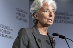 IMF Managing Director Christine Lagarde addresses a gathering at the Council on Foreign Relations in New York, Tuesday, July 26, 2011.