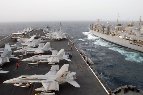 The aircraft carrier USS Ronald Reagan (CVN 76) transits the Gulf of Oman