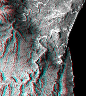 2000/03/10 Anaglyph, Landsat overlay, Southernmost Coastal Oman - This 3-D view of a coastal area in southernmost Oman shows how topographic information can be used to enhance satellite images, deriving a better understanding of the processes that sculpt