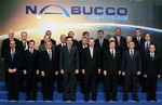 First row from left, Iraq's Prime Minister Nouri Al-Maliki, Hungary Prime Minister Gordon Bajnai, Austria Prime Minister Werner Faymann, Georgia's President Mikheil Saakasvili, Turkish Prime Minister Recep Tayyip Erdogan, European Commission President Jose Manuel Barroso, prime ministers Sergei Stanishev of Bulgaria and Emil Boc of Romania are seen during group photo after the Nabucco Gas Pipeline signing ceremony in Ankara, Turkey, Monday, July 13, 2009. Turkey and four European Union countries formally agreed to route a new gas pipeline across their territories in an attempt to reduce Europe's reliance on Russian gas. Dick Lugar, U.S. Senator for Indiana of Republican Party, second row far left, and Richard Morningstar, U.S. special envoy for Eurasian energy issues, third in second row, joined the group.