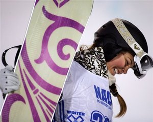 Torah Bright, from Australia, reacts after her second place finish in the Superpipe event on Friday, Jan., 25, 2008 at the Winter X Games at Buttermilk Ski Area near Aspen, Colo..