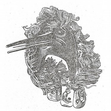 Drawing of a Kwakiutl mask from Boas's The Social Organization and the Secret Societies of the Kwakiutl Indians (1897). Wooden skulls hang from below the mask, which represents one of the cannibal bird helpers of Bakbakwalinooksiwey