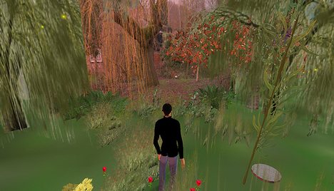 Me (my avatar, that is) in a garden created in the virtual world Second Life consisting of SL trees and grass meshed up with a photo of my own (real life) garden with the same tree in the background that you can see below on this home page.