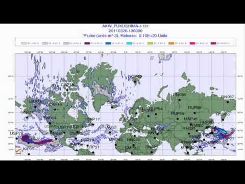 Fukushima Iodine 131 global radioactive spread on world map animation