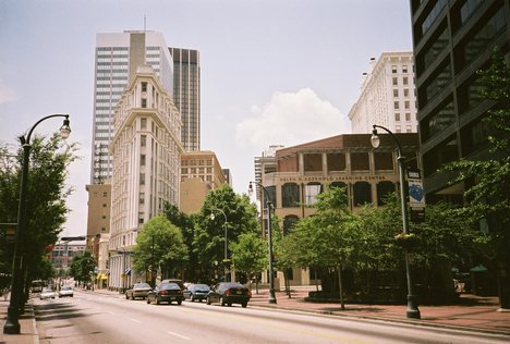 Downtown Atlanta, with the trees of Woodruff Park seen on the left