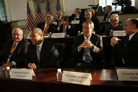 Front row from left, Georgia Gov. Sonny Perdue, Massachusetts Gov. Deval Patrick, South Carolina Gov. Mark Sanford, and Virginia Gov. Tim Kaine wait for the arrival of President-elect at the Bipartisan meeting of the National Governor's Association at Congress Hall, Tuesday, Dec. 2, 2008, in Philadelp