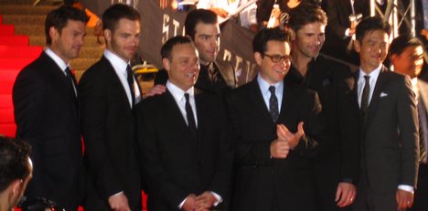 Karl Urban, Chris Pine, executive producer Bryan Burk, Zachary Quinto, director J. J. Abrams, Eric Bana, and John Cho at the Sydney Opera House premiere of the film on April 7, 2009.