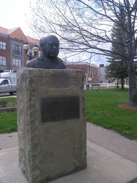 Bust of Lord Beaverbrook, where his ashes are deposited, in the town square of Newcastle, Miramichi, New Brunswick (IR Walker 2008)