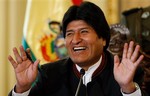 Bolivia's President Evo Morales gestures during a press conference at the presidential palace in La Paz, Saturday, Jan. 24, 2009. Bolivians could approve, in a referendum on Sunday, a new constitution proposed by Morales and opposed by the a majority of the middle and upper clas