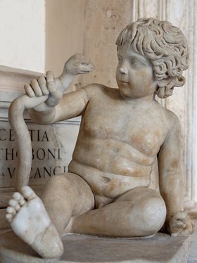 Herakles as a boy strangling a snake. (Marble, Roman artwork, 2nd century CE)