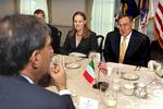 111017-D-WQ296-037Secretary of Defense Leon E. Panetta, right, talks to Italian Defense Minister Ignazio La Russa, foreground, during a working lunch in the Pentagon in Arlington, Va., on Oct. 17, 2011. Among those joining Panetta on the U.S. side of the table is Under Secretary of Defense for Policy Michele Flournoy. DoD photo by R. D. Ward (Released)