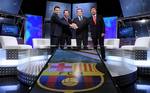 From left, Jaume Ferrer, Marc Ingla, Sandro Rosell and Agusti Benedito, the four candidates to replace Joan Laporta as the chairman of Spanish and European champions Barcelona, pose during a television debate in San Joan Despi, Spain, Friday, June 11, 2010.