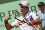 Novak Djokovic of Serbia celebrates scoring a point against Juan Martin del Potro of Argentina in his third round match at the French Open tennis tournament in Roland Garros stadium in Paris, Saturday May 28, 2011.