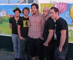 Group shot of Simple Plan backstage at the show at St.-Jean-sur-Richelieu, Quebec, 8 August 2009