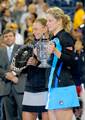 Kim Clijsters and Vera Zvonareva during the trophy ceremony on Day 13 of the 2010 US Open at the USTA Billie Jean King National Tennis Center Queens, New York September 11, 2010