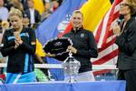 Kim Clijsters and Vera Zvonareva during the trophy ceremony on Day 13 of the 2010 US Open at the USTA Billie Jean King National Tennis Center Queens, New York September 11, 2010