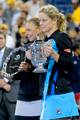 Kim Clijsters and Vera Zvonareva during the trophy ceremony on Day 13 of the 2010 US Open at the USTA Billie Jean King National Tennis Center Queens, New York September 11, 2010