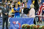 Kim Clijsters and Vera Zvonareva during the trophy ceremony on Day 13 of the 2010 US Open at the USTA Billie Jean King National Tennis Center Queens, New York September 11, 2010