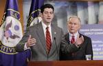 House Budget Committee Chairman Paul Ryan, R-Wis., left, and the Senate Budget Committee's top Republican, Sen. Jeff Sessions of Alabama, right, give the GOP response to President Obama's budget submission for Fiscal Year 2012, on Capitol Hill in Washington, Monday, Feb. 14, 2011.