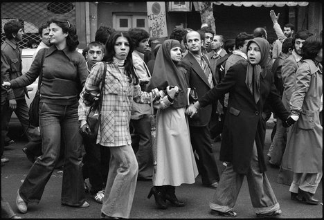 Anti-Shah demonstrators, marching near a shopping street in Tehran, Dec. 27, 1978.