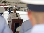 ST. PETERSBURG, Fla. - Cmdr. Troy A. Hosmer, the incoming commanding officer of the Coast Guard Cutter Venturous, addresses an audience of friends, family and shipmates during an official change-of-command ceremony, at Coast Guard Sector St. Petersburg's South Moorings, July 13, 2011. During the ceremony, Hosmer relieved Cmdr. Edward M. St. Pierre as commanding officer of the Venturous. U.S. Coast Guard photo by Petty Officer 3rd Class Michael De Nyse. (1315520) ( VENTUROUS COC )