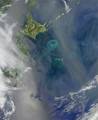 The Oyashio Current colliding with the Kuroshio Current off the coast of Hokkaido. When two currents collide, they create eddies. Phytoplankton growing in the surface waters become concentrated along the boundaries of these eddies, tracing out the motions of the water.