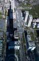 Shadow of Taipei 101 tower in the late afternoon. The adjoining park (circular feature, bottom) acts as the face of a sundial.