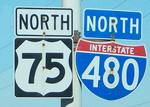 U.S. Route 75/I-480 sign in Omaha. U.S. 75 enters Nebraska south of Dawson. From Nebraska City northward, it closely parallels the Missouri River.