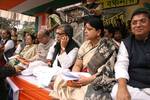 India West Bengal Pradesh Youth Congress Committee ,Pradip Bhattacharya and states congress president and irrigation Minister Manas Bhuniya and Pary MP Deepa Dasmunsi at the Party day-long dharna against West Bengal Goverment at Metro Channel in Kolkata on Wednesday 04 January 2012 in Eastern India City