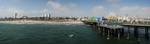 Santa Monica beach and pier viewed from the end of Santa Monica Pier. Note that the bluff is highest at the north end, to the left of the image