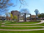 Bayliss Park in downtown Council Bluffs. Downtown Council Bluffs historically covered the area along West Broadway from Old Town west to the Chicago and North Western Transportation Company Railroad passenger depot at 11th Street.