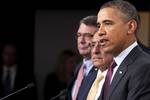 President of the United States Barrack Obama delivers a press brief along with Secretary of Defense Leon Panetta and General Martin Dempsey, Chairman of the Joint Chiefs of Staff at the Pentagon on January 5, 2012. President Obama and Secretary Panetta delivered remarks on the Defense Strategic Guidance for the Defense Department going forward. They were joined by Deputy Defense Secretary Ashton Carter and the members of the Joint Chiefs and Service Secretaries(DOD Photo by Erin A. Kirk-Cuomo)(R