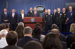 President of the United States Barrack Obama delivers a press brief along with Secretary of Defense Leon Panetta and General Martin Dempsey, Chairman of the Joint Chiefs of Staff at the Pentagon on January 5, 2012. President Obama and Secretary Panetta delivered remarks on the Defense Strategic Guidance for the Defense Department going forward. They were joined by Deputy Defense Secretary Ashton Carter and the members of the Joint Chiefs and Service Secretaries(DOD Photo by Erin A. Kirk-Cuomo)(R