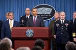 President of the United States Barrack Obama delivers a press brief along with Secretary of Defense Leon Panetta and General Martin Dempsey, Chairman of the Joint Chiefs of Staff at the Pentagon on January 5, 2012. President Obama and Secretary Panetta delivered remarks on the Defense Strategic Guidance for the Defense Department going forward. They were joined by Deputy Defense Secretary Ashton Carter and the members of the Joint Chiefs and Service Secretaries(DOD Photo by Erin A. Kirk-Cuomo)(R