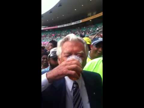 Bob Hawke skulls a beer at the SCG Australia vs India Jan 4 2012- 1 for the country