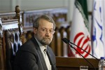 Iranian parliament speaker, Ali Larijani, during a press conference, in Tehran, Iran, Saturday, May 29, 2010.