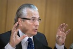 Spain's Judge Baltasar Garzon gestures during a news conference with foreign journalist at international press center in Madrid, Wednesday May 11, 2011.