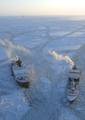 BERING SEA - The Coast Guard Cutter Healy makes relief cuts in the ice around the Russian-flagged tanker Renda 97 miles south of Nome, Alaska, Jan. 10, 2012. The Coast Guard regularly conducts icebreaking activities in the Great Lakes and northern ports of the contiguous U.S. to facilitate the flow of commerce but this Alaska-based operation is a new experience for the crew of Healy. U.S. Coast Guard photo by Petty Officer 1st Class Sara Francis. (1494317) ( Healy escorts Renda )