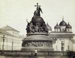 The Millennium of Russia (1862), with Saint Sophia Cathedral in the background. The upper row of figures is cast in the round and the lower one is in relief