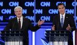 Republican presidential candidates, former House Speaker Newt Gingrich and former Massachusetts Gov. Mitt Romney participate in the Republican presidential candidates debate in Jacksonville, Fla., Thursday, Jan. 26, 2012.