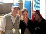 UN goodwill ambassador George Clooney with UN officials Fatma Samoura and Marie-Sophie Reck in Chad's eastern town of Abéché