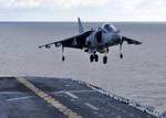 An Italian AV-8B Harrier lands on the flight deck aboard the multipurpose amphibious assault ship USS Bataan (LHD 5).