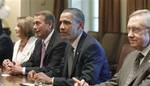 President Barack Obama meets with congressional leaders in the Cabinet Room of the White House in Washington, Thursday, July 14, 2011, regarding the debt ceiling. From left are, House Minority Leader Nancy Pelosi of Calif., House Speaker John Boehner of Ohio,, the president, and Senate Majority Leader Harry Reid of Nev.